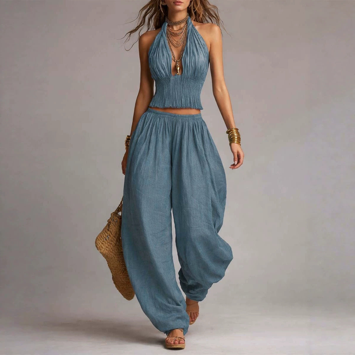 Brittney Backless Halter Top & Wide-Leg Pants Set