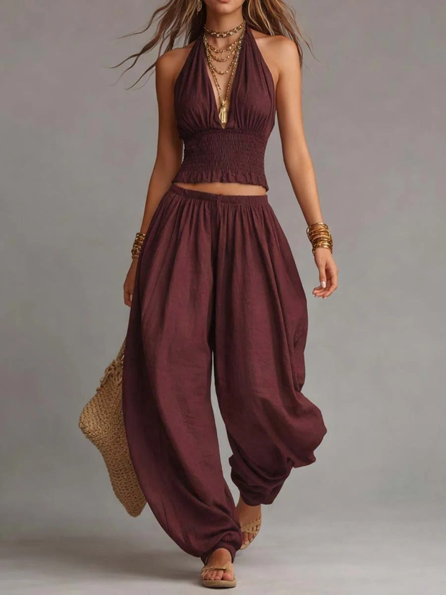 Brittney Backless Halter Top & Wide-Leg Pants Set
