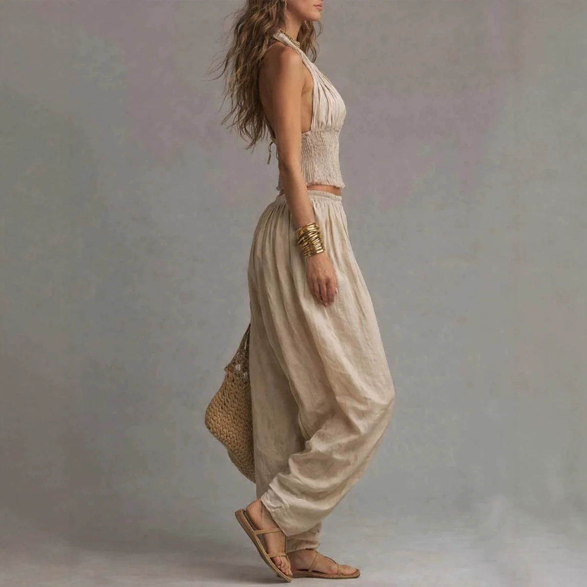 Brittney Backless Halter Top & Wide-Leg Pants Set