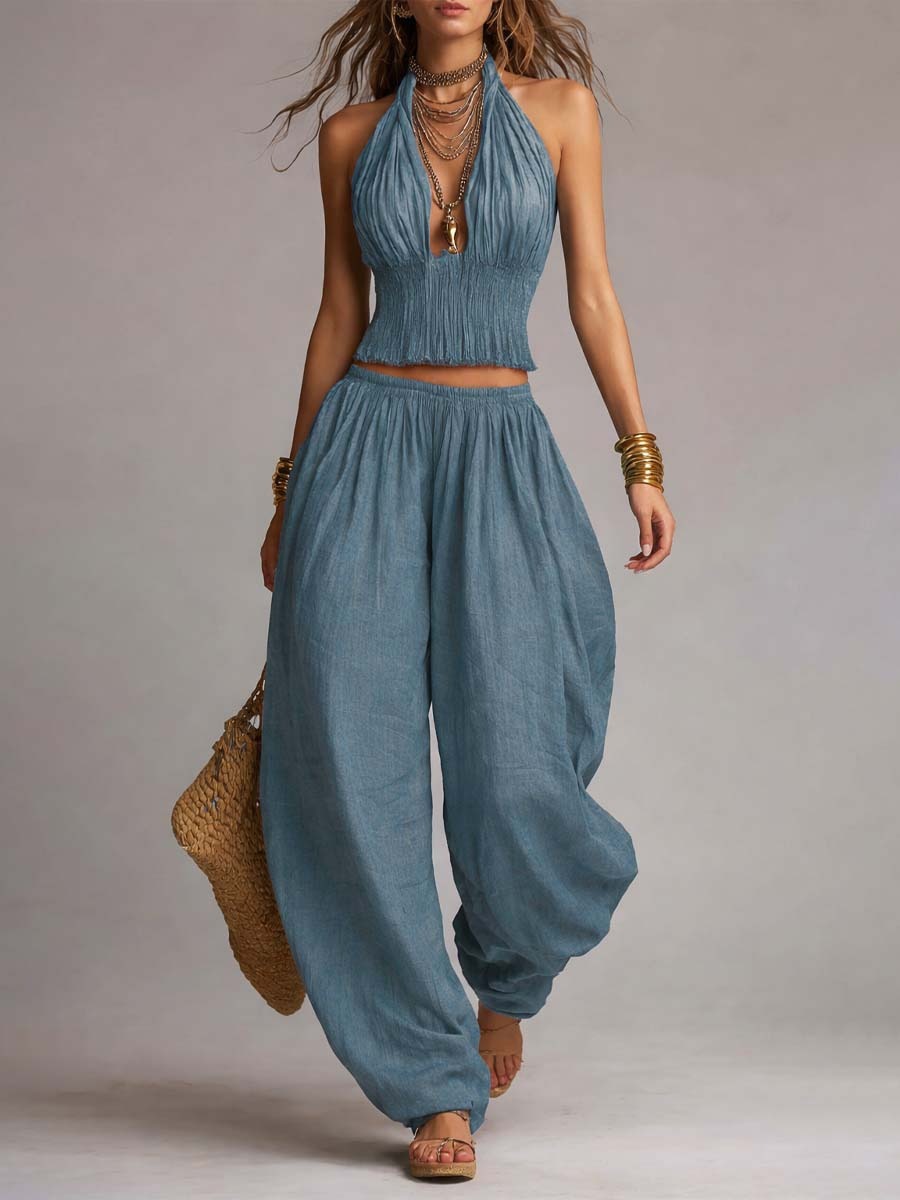 Brittney Backless Halter Top & Wide-Leg Pants Set
