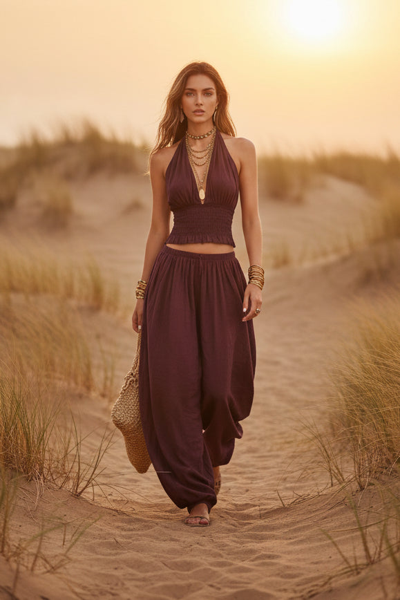 Brittney Backless Halter Top & Wide-Leg Pants Set