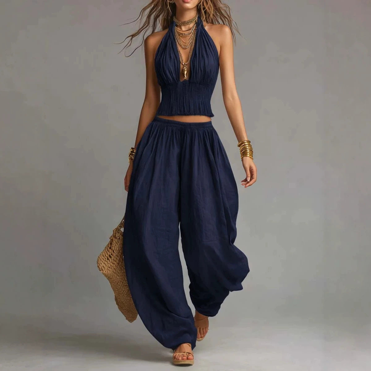 Brittney Backless Halter Top & Wide-Leg Pants Set