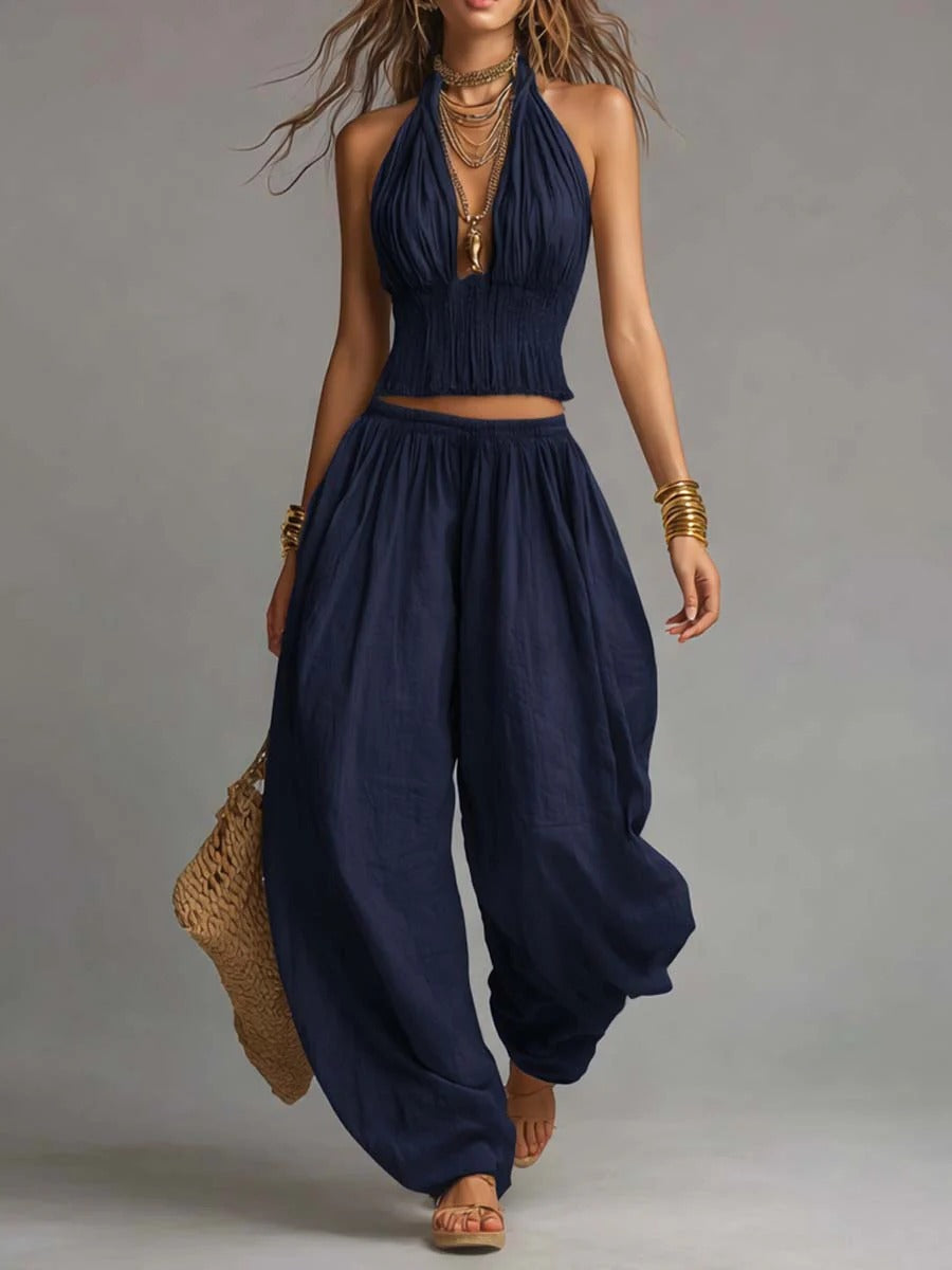 Brittney Backless Halter Top & Wide-Leg Pants Set