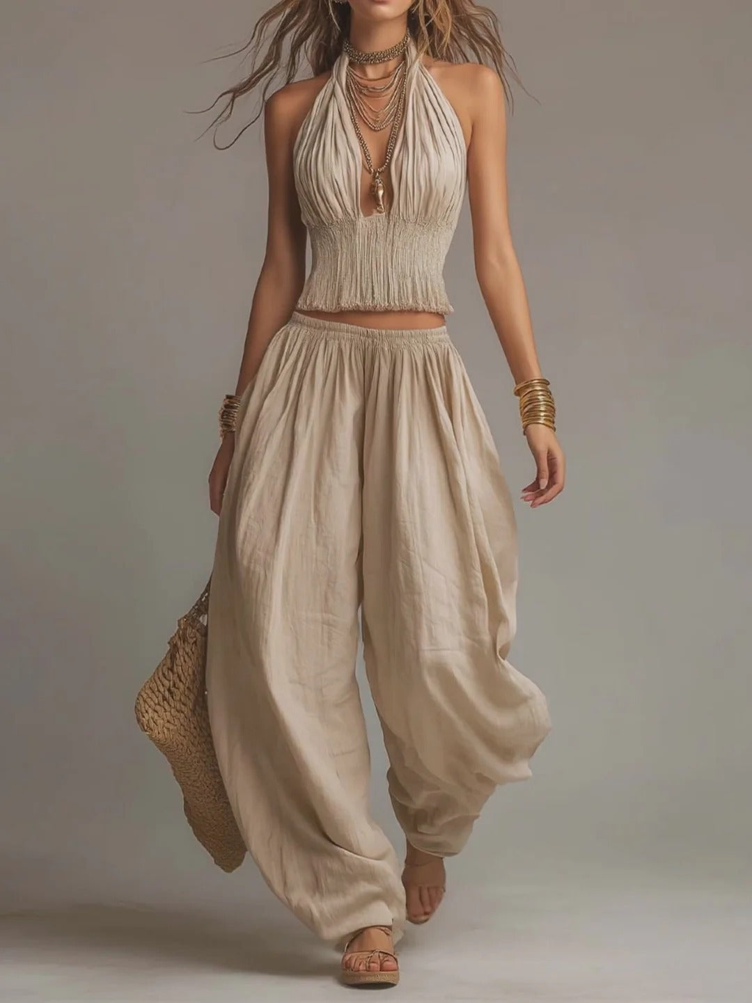 Brittney Backless Halter Top & Wide-Leg Pants Set