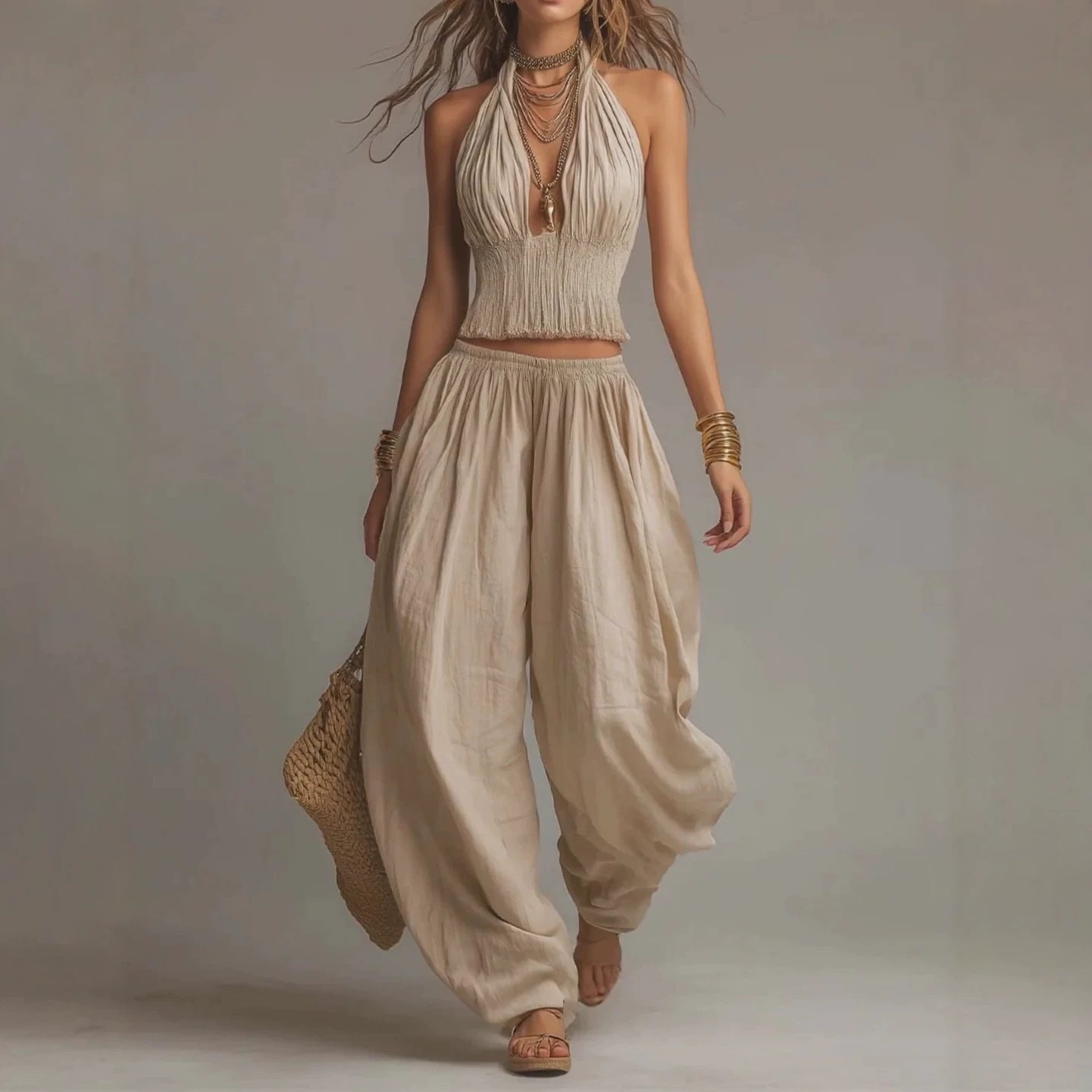 Brittney Backless Halter Top & Wide-Leg Pants Set